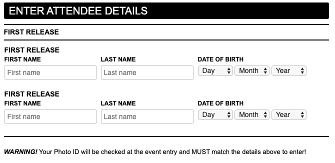 Image showing where to enter your attendee details and date of birth